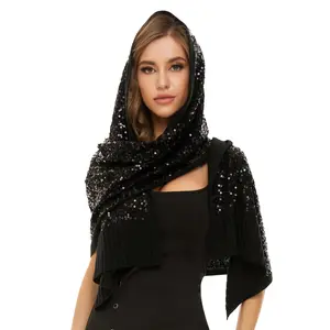 ZOOSPOWER Cashmere-like Luxe Soft Knit Wrap Shrug Scarf Pashmina For Evening Dress Wedding Party (Black Sequin)