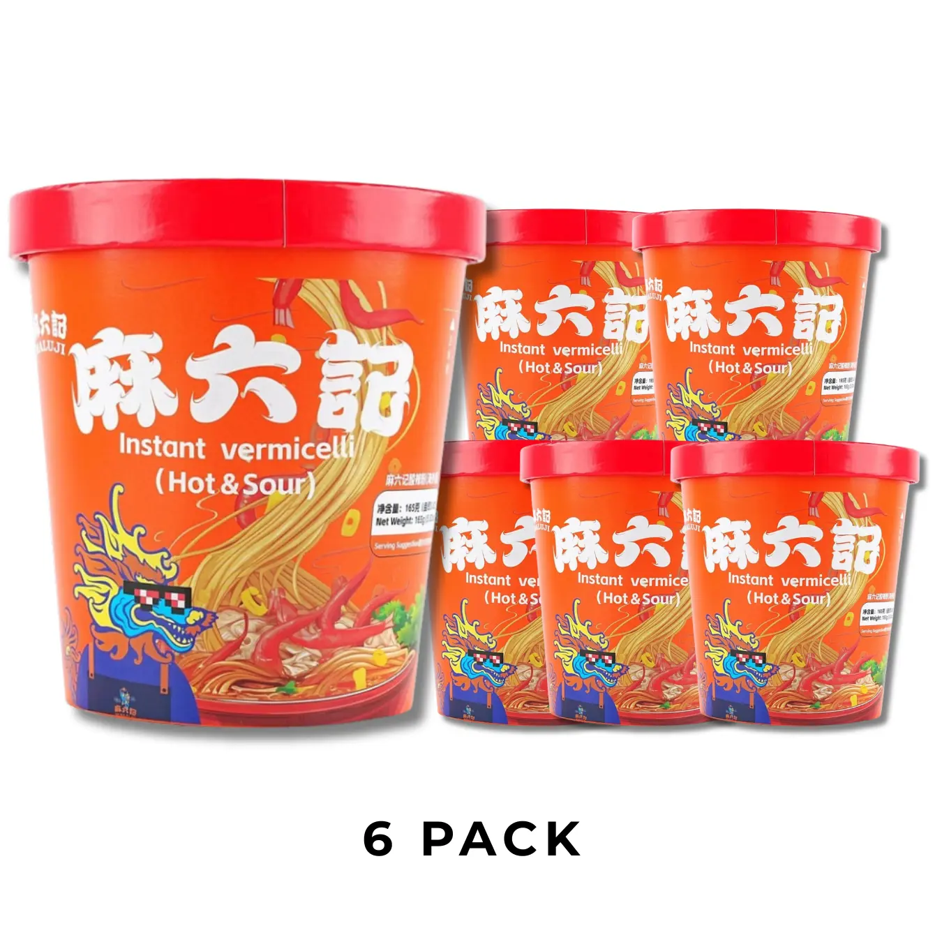 Maluji Instant Vermicelli, Hot & Sour Flavor, 6 Packs x 5.82oz Flavorful Tangy Spicy Noodles, Ready in Minutes, Perfect for Comforting Meals, Six Packs