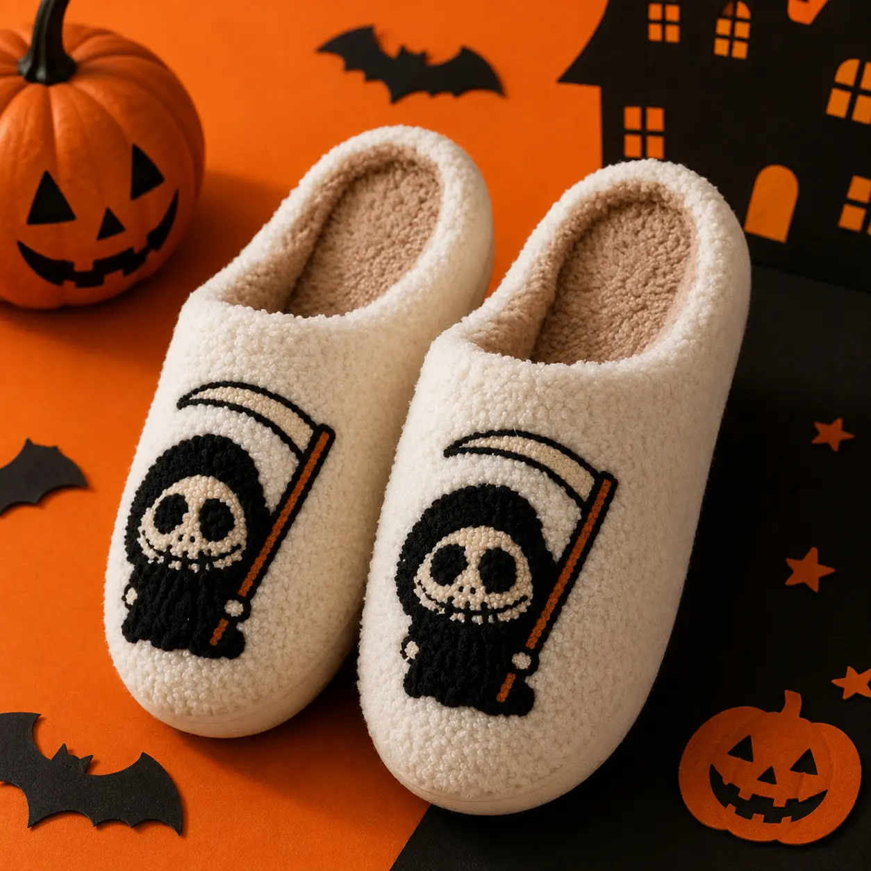 Halloween Ghost Plush Slippers for Women & Men | Spooky Cozy Fluffy Indoor/Outdoor House Shoes | Trendy Scary Face Design