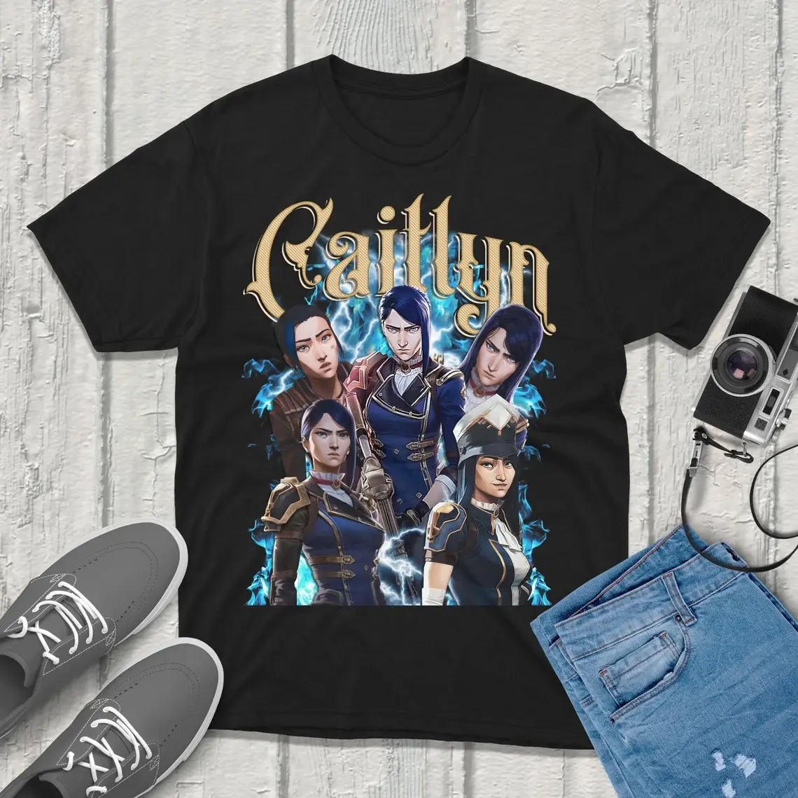 Caitlyn Arcane T-Shirt, Unisex Vintage Streetwear League of Legends Shirt, Fashion Cotton, Full Colors, Full Sizes, For Men, For Women