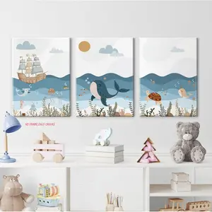 3pc/Ocean-Themed Nursery Wall Art Collection Blue Nautical Canvas Art Beach Animal Wall Decor Wall Art Ocean Whale Painting Nautical-Themed Poster Frameless