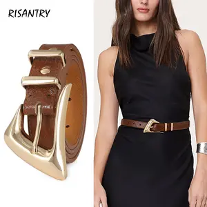 Risantry Women's Brown Textured Belt with Sculptural Gold Buckle - Polished Statement Belt for Everyday Dressing