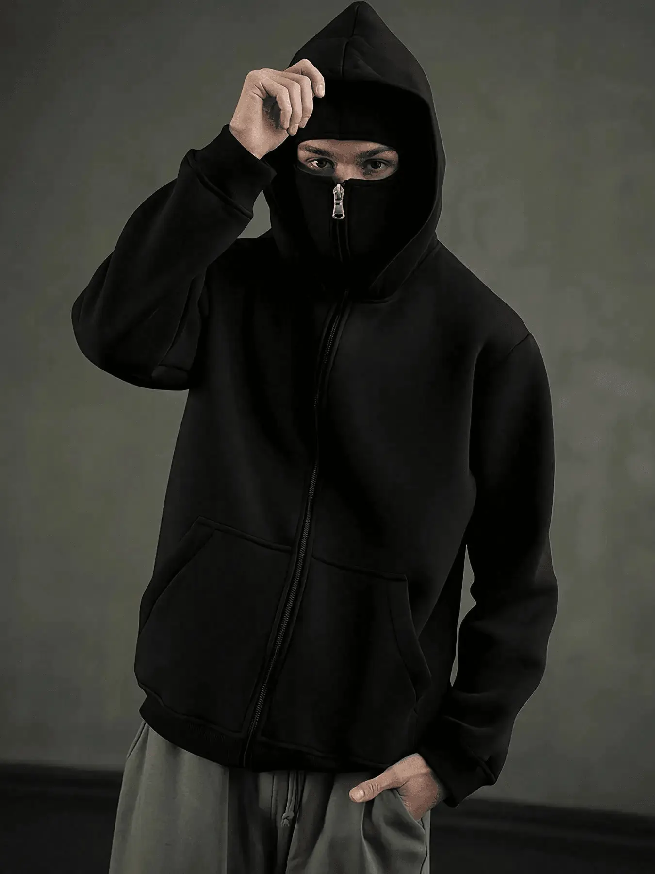 Men's Retro American Street Style Double-Hooded Zip-Up Windbreaker Jacket - Solid Color, Fake-Layered, Windproof, Warm, Long-Sleeve, Pocketed Fashion Fabric Casual Hoodie (Beige, Black) for Fall Outfits, Hip Hop Looks Menswear Sweatshirts