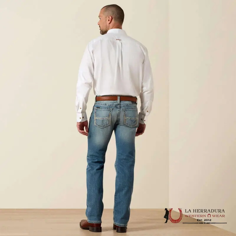 ARIAT Menswear M7 Slim Fit Straight Leg Jeans - Style 10031997, Grey Classic Denim Fabric Trouser with Light Blue Wash, Back Pockets, Slim Seat, Men's Bottoms Pants