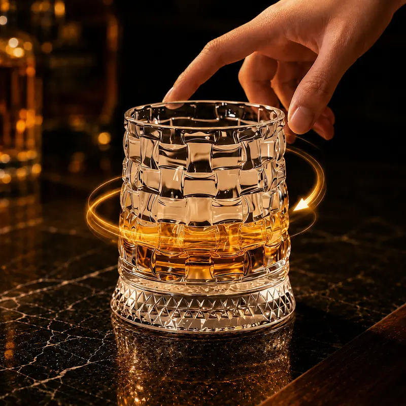 Luxury 360° Spin Pour Crystal Whiskey Glass - Heavyweight Base Spinning Glass Cup, 600g 9.5oz 280ml Classic Cut Barware, Smooth Spin Indoor Stress Relief Home Rocks Drinkware, Gift-Worthy Presentation Birthday Dad Gift