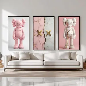 Decorative HypeBeast Pink Kaws Designer Wall Art Poster PRINT UNFRAMED Set Of 3, Kaws Style Hypebeast Decor,Artful Urban Decor Print,Kaws Figured Art Print