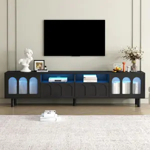 ON-TREND Cream Style TV Stand with LED Light Strip for TVs Up to 80'', Graceful Entertainment Center with 5 Solid Wood Legs, Large Storage Media Console with Fluted Tempered Glass Doors, Black -N721P180476B