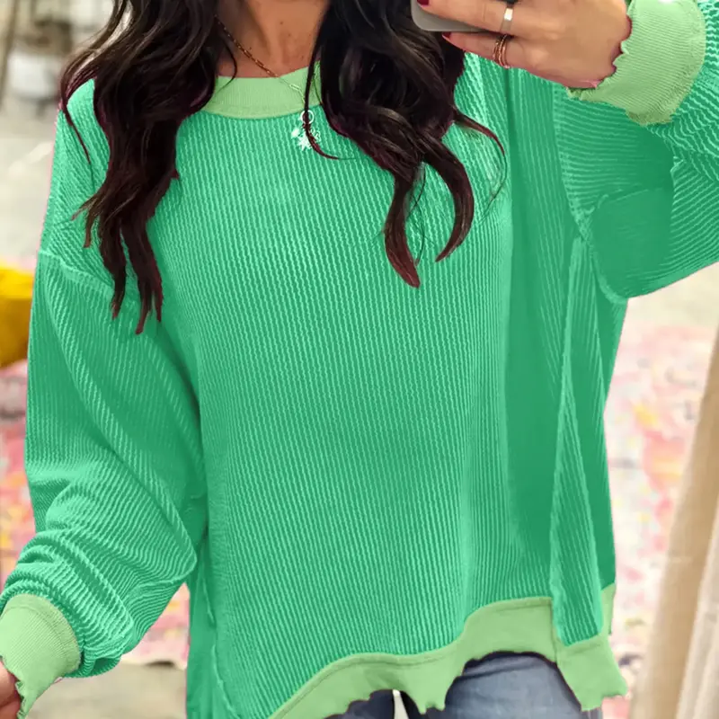 Spring & Fall Women's Colorblock Striped Ribbed Knitted Asymmetrical Hem Drop Shoulder Long Sleeve Knit Top, Loose-Fitting Casual Wear