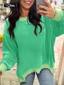 Spring & Fall Casual Women's Solid Color Twisted Ribbed Asymmetrical Hem Loose Drop Shoulder Long Sleeve Knit Top
