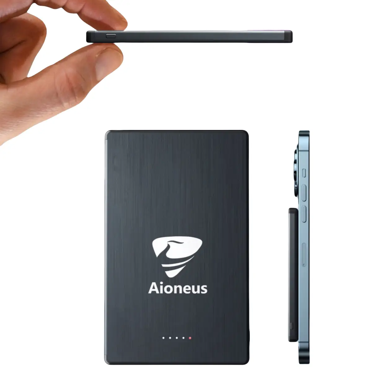 Aioneus Ultra-thin Power Bank, Magnetic Battery 5000mAh, 15W Wireless Fast Charge with 0.27in thick, Magnetic Wireless Portable Charger, and USB-C Wir