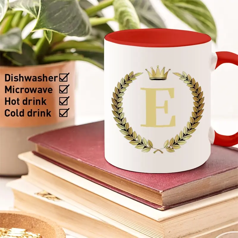 1pc Golden Initial E Coffee Mug 11oz Monogram Ceramic Coffee Cups Water Cups Summer Winter for Home Office as Gifts for Women Men Friends