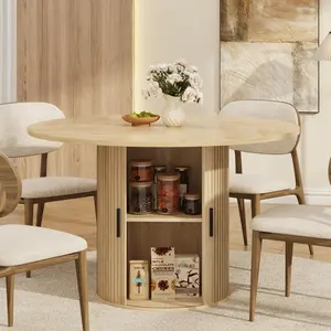 Space-Saving 47'' Round Walnut Dining Table – Hidden Storage Shelf – Pedestal Base – Seats 4 – Ideal for Small Kitchens & Dining Rooms