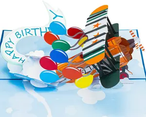 Paper Love Happy Birthday Biplane Pop Up Card - 3D Design with Vibrant Balloons & Removable Note Tag for Personalized Celebrations