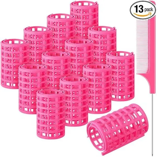 12-Pack Durable Pink Plastic Hair Curler Rollers Kit - 2.6in Snap-On Curlers with Rat Tail Comb, Heatless Haircare Tool for Smooth Styling on Long, Medium Hair