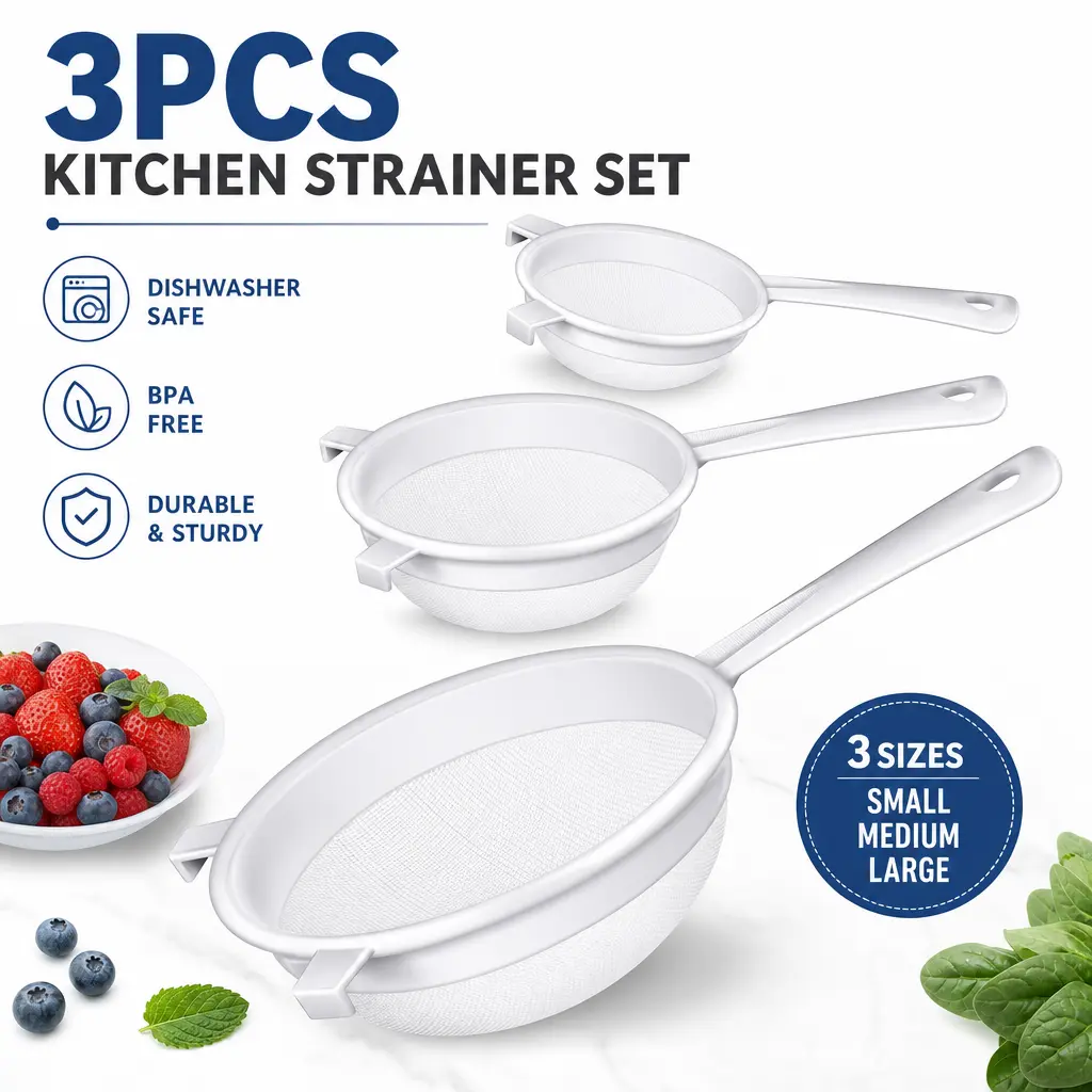 3pcs Fine Mesh Strainer Set - Plastic Nylon Utensils with Long Handle, Side Ears, Lightweight Portability, Heavy-Duty Easy-Clean Design, Kitchen Strainers for Flour, Coffee, Vegetable Colander, Fine Mesh Sieve