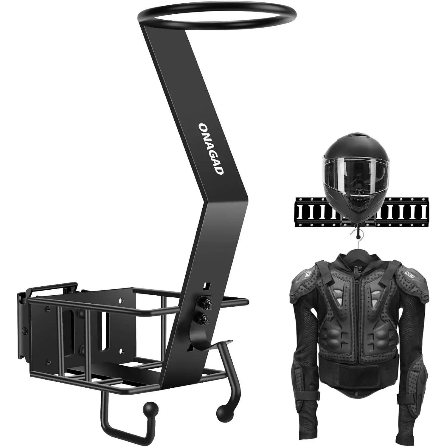 Durable Black E-Track Motorcycle Helmet Rack - Rust-Resistant Powder-Coating Finish Steel Frame, Gloves Tray, Chin Strap Holder, High-Load Storage Hook for Garage, Motor Vehicles (Biker Accessory)