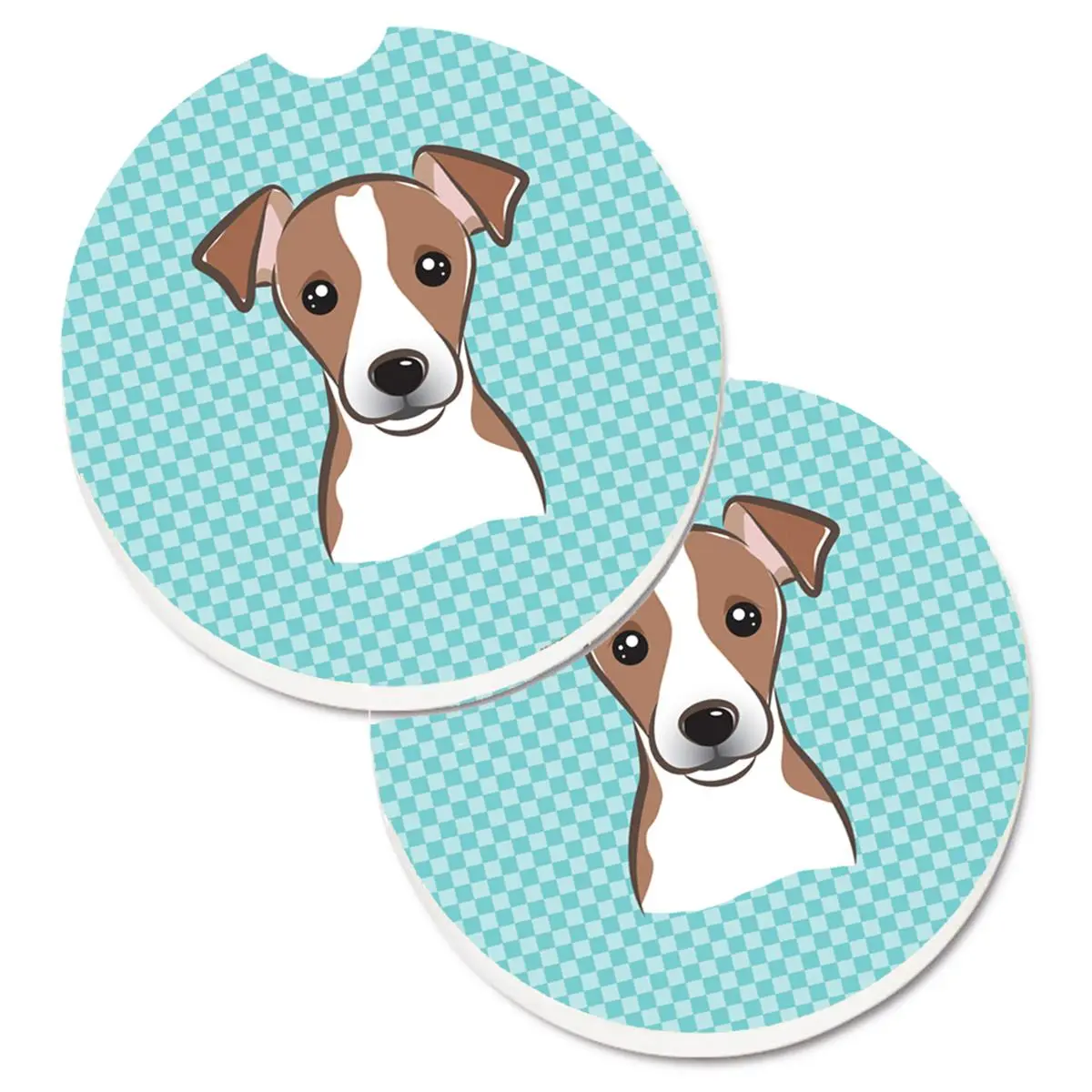 Checkerboard Blue Jack Russell Terrier Printed Sandstone Cup Holders Coasters, 2-Pack Absorbent Car Interior Decoration Accessories, Cut-Out Design for Easy Removal, Water Mess Prevention