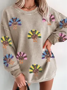 Womens Vintage Corded Sweatshirt Glitter Sequin Turkey Graphic Pullover Boho Fall Thanksgiving Outfit #FallFashion #TurkeySweatshirt #OversizedSweatshirt