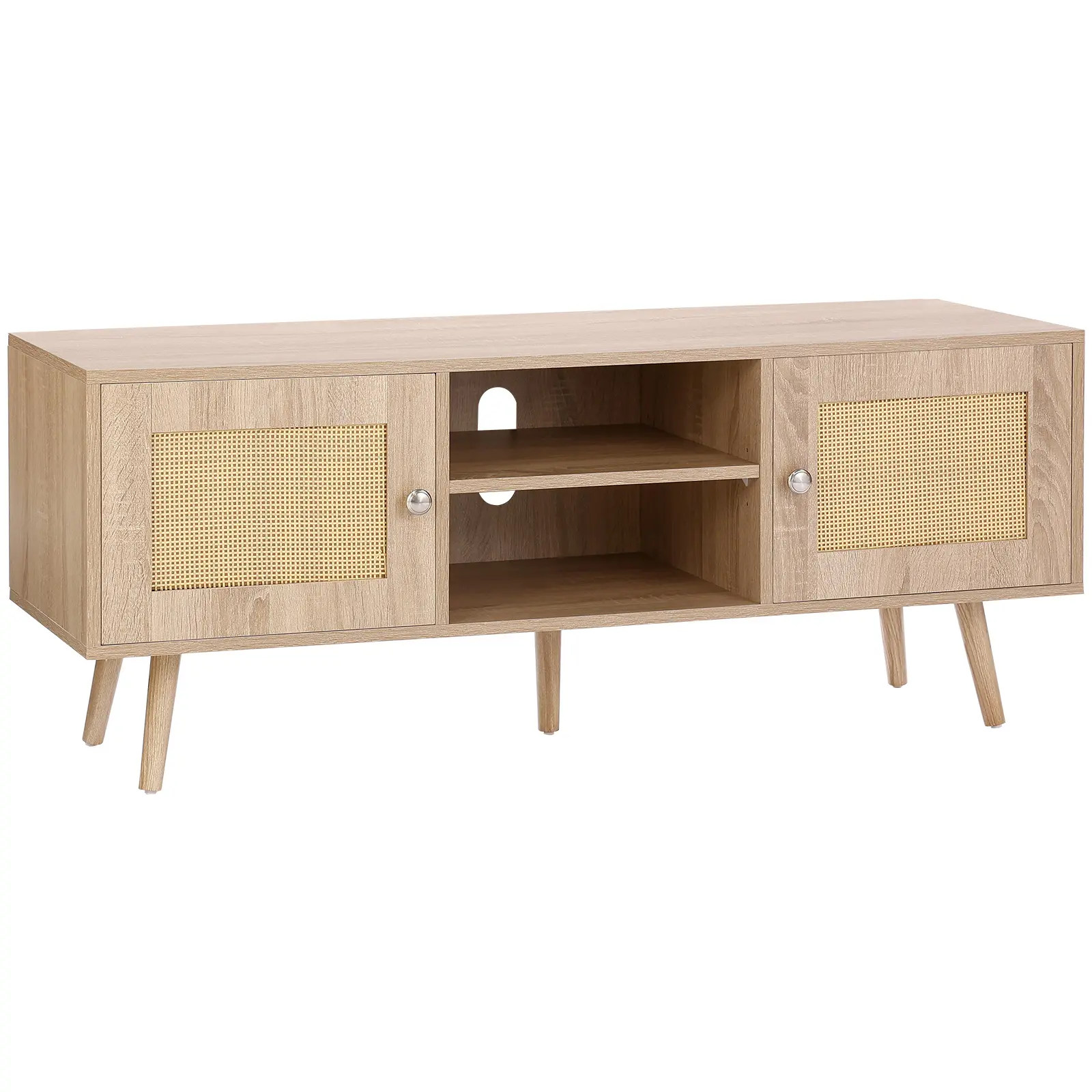 VEVOR Rattan TV Stand, TikTokShopBlackFriday, Boho TV Cabinet for 55 inch TV, Mid Century Modern TV Stand, Rattan TV Console with Adjustable Shelfs for  Living Room, Media Room, Oak