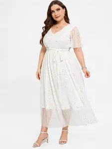 Rgothic Plus Size Sparkling Sequins Polka Dot Belt A Line Gown Dress for Spring Summer Casual Daily Wear V Neck Short Sleeves Ankle Length, plus size dresses sparkle dress zendayadress outfit goth cowgirl outfits