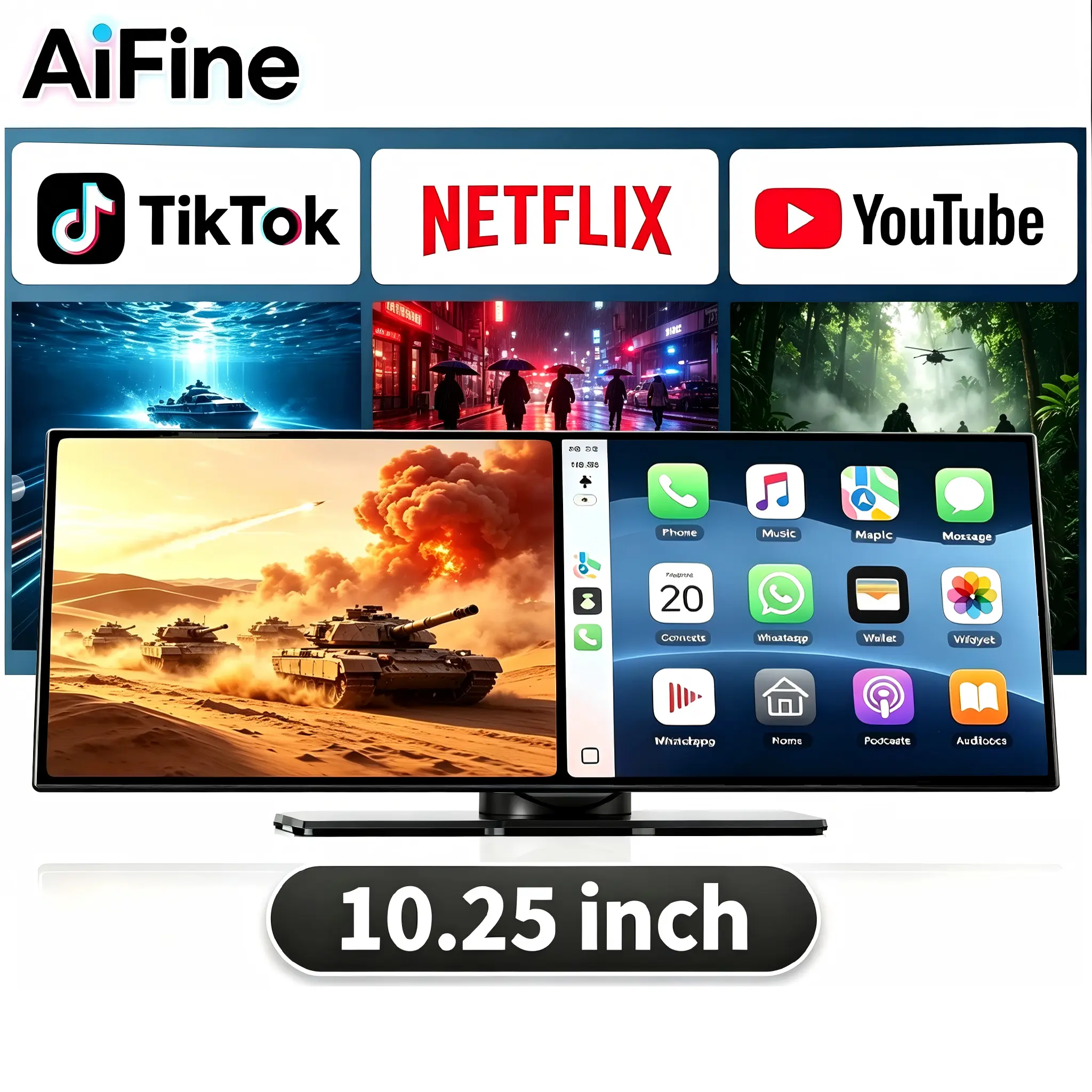 AiFine 10.25-inch Wireless CarPlay Display. Stream Netflix, TikTok and YouTube. Features split-screen mode, supports 1080P reversing camera, real-time navigation and voice assistant; compatible with iOS 10+ and Android 11+., Wireless Carplay Player, Porta