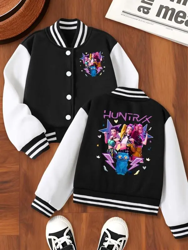 Girls Kpop Hunter Girl Pattern Baseball Jacket, Casual Sport School Uniform, Elastic Fabric, Youth Fashion, Outdoor & Indoor Activities