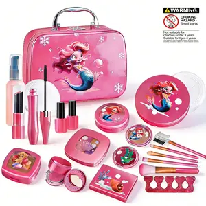 22pcs Sweet Pink Mermaid Princess Theme Girls Pretend Play Makeup Toy Set with Mirror & Storage Bag, Simulation Kids Cosmetic for Role Play, Non-Staining Safe for Girls Ages 3+, Ideal Birthday & Festival Gift.