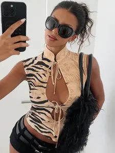 Women's Sleeveless Asymmetrical Zebra Print Crop Top, Sexy Slim-Fitting Stand Collar Bow Tie Front Hollow-out Short Tank Top, Stylish Casual Wear for Women