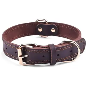 Leather Dog Collar, Heavy Duty Wide Dog Collar for Small,Medium,Large and Extra Large Dogs (M: 1" Wide for 15.2"-19.2" Neck, Dual Stitch - Brown)