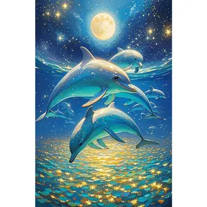 1PCS Dolphin Diamond Painting Kit Moonlit Ocean Starry Night DIY Craft Rhinestone Art Home Decor Gift fo