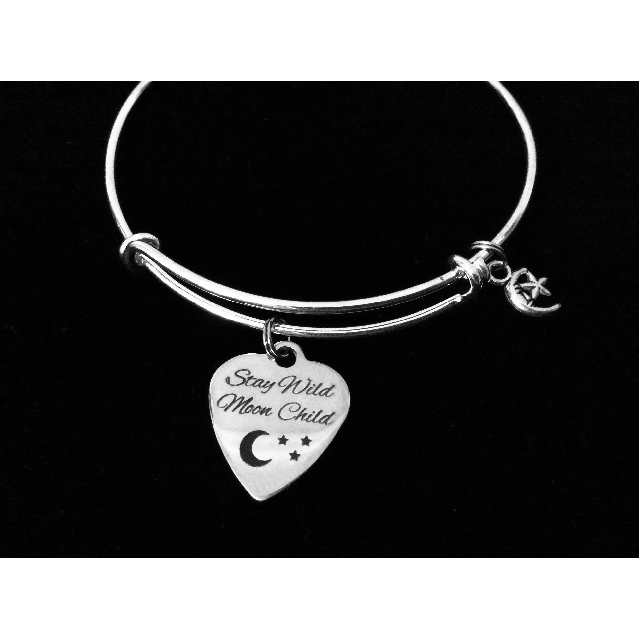 Stay Wild Moon Child Adjustable Bracelet Crescent Moon and Star Expandable Silver Wire Bangle Gift Daisy