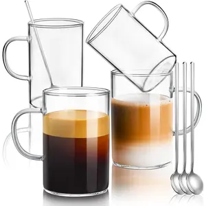 16oz Borosilicate Glass Coffee Mugs Set of 4, Large Glass Mug Set with Handles & Spoon, Clear Glasses Coffee Cups for Hot/Cold , Cappuccino, Latte, Juice, Drinking Glasses