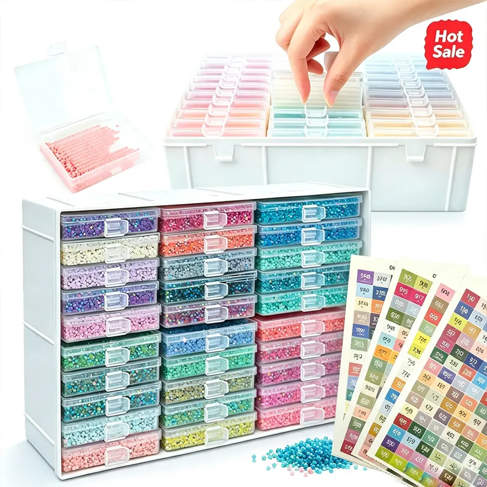 Transparent Plastic Multi-Drawer Labeled Bead Storage Cabinet with Slide Pull-Out Tabs, Label Stickers, Desktop Diamond Painting Accessories Organizer for DIY Needlework Toys & Hobbies