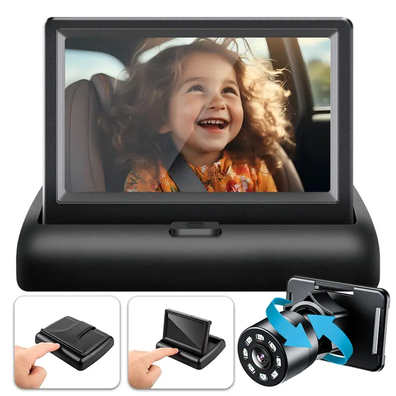 Car Camera, 1080P Car Monitor with Night Vision Feature, 4.3'' HD Display with Wide Clear View, Safety Car Rear-Facing Seat Mirror, 360° Rotation Plug and Play Easy Install, New Moms Gift