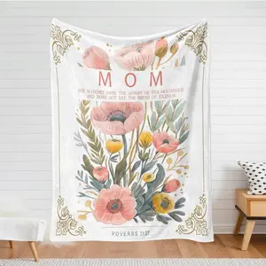 Custom Name Mom Blanket, Personalized Mothers Day Gift for Mom, Proverbs 31:27 Floral Soft Flannel Throw Blanket, Christian Gift for Mom Grandma
