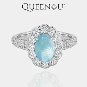 【1015】Natural Larimar Ring | 6x9mm Oval with Zirconia Petal Halo | Sterling Silver | Floral Gemstone Jewelry