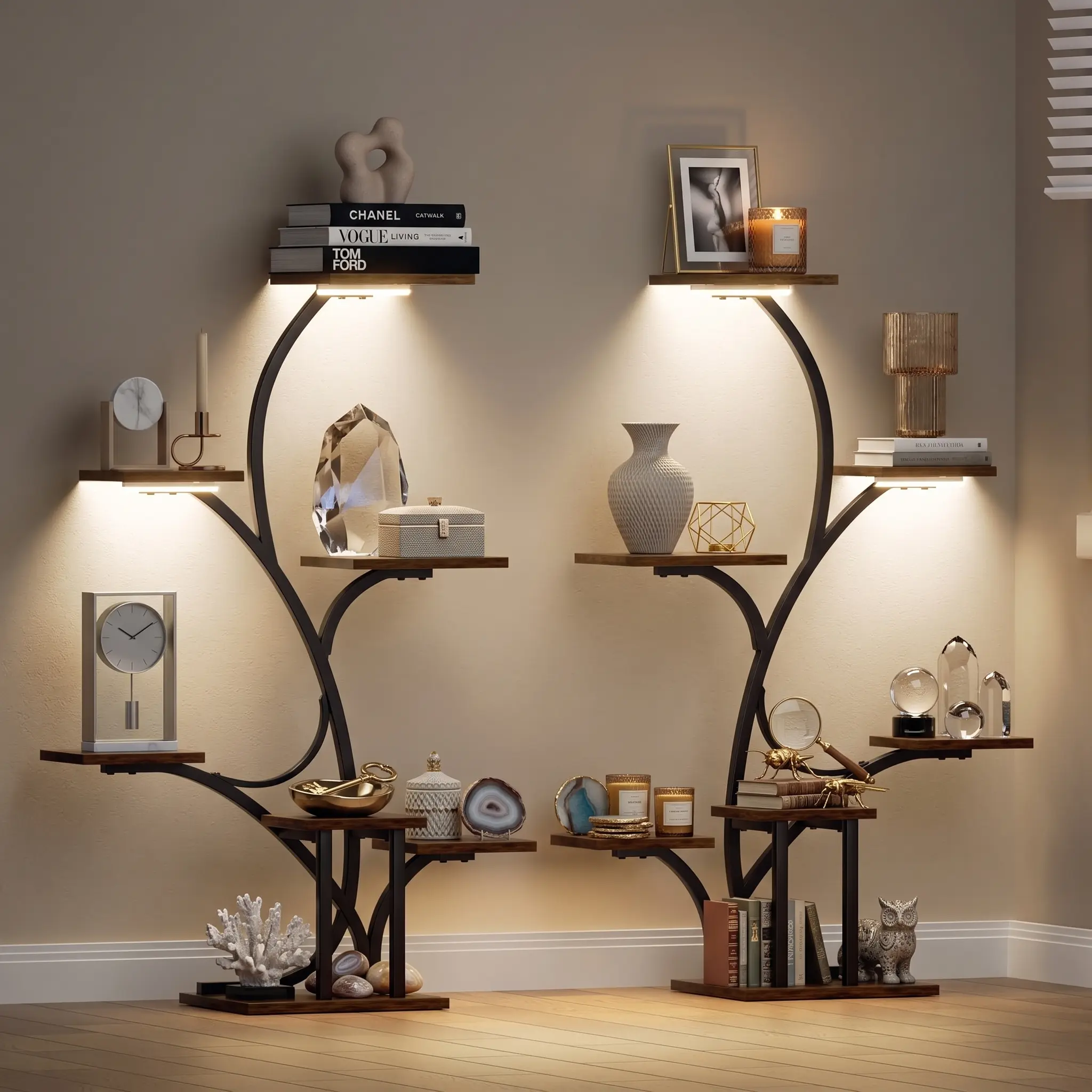 2 Pack Modern LED Corner Shelf, Unique Tree-Shaped Display Rack, 7 Tier Storage Organizer for Books, Collectibles, Photos & Home Decor