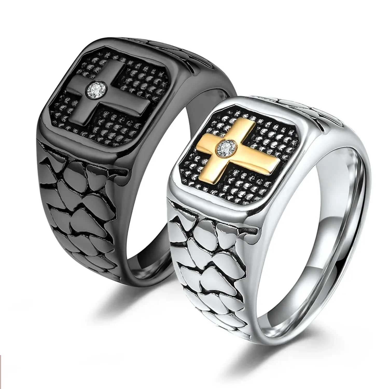 Stainless Steel Male Marquise Ring Stack, Simple Elegant Business Textured Band with Crucifix Motif, Religious Symbol Ring for Daily Casual Wear Fashion Costume Jewelry Accessory, Crucifix Motif Rings,summerwins