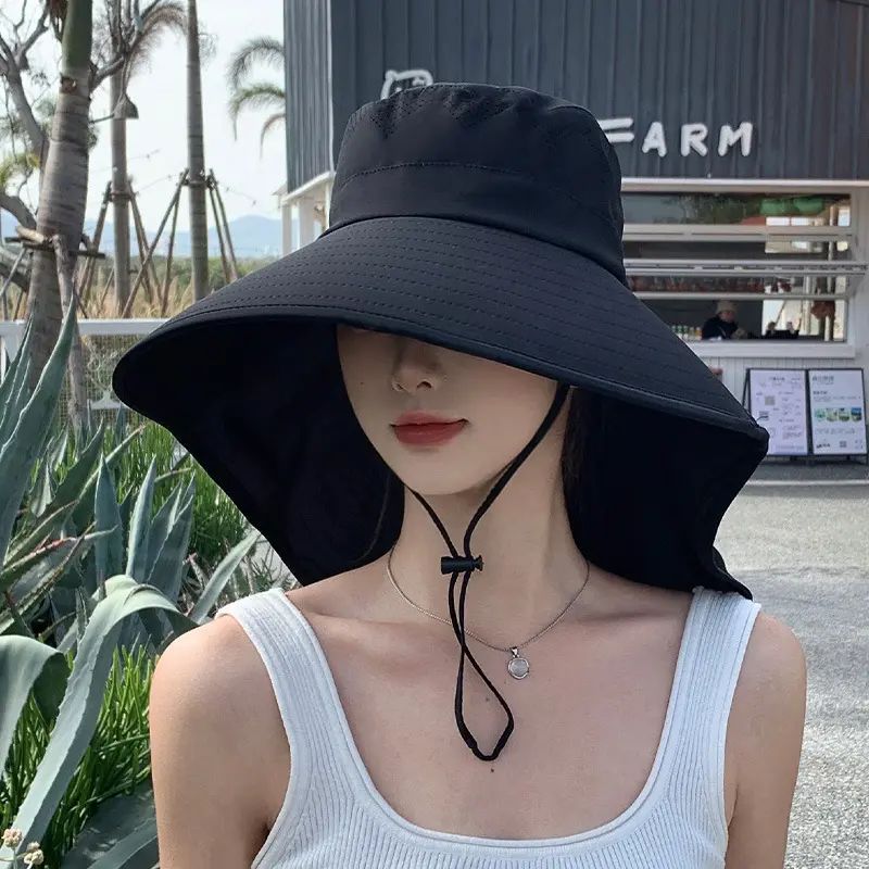 Outdoor cycling neck-protecting shawl hat, summer high ponytail large-brim sun hat, solid color fisherman's hat for women