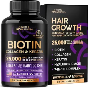Biotin | Collagen | Hyaluronic Acid | Keratin - Hair Growth & Strength Support Vitamins - Skin & Nails Supplement - Clinically Tested for Men & Women - 25000mcg Vitamins B1, B2, B3, B6 & B7 - 60 Caps
