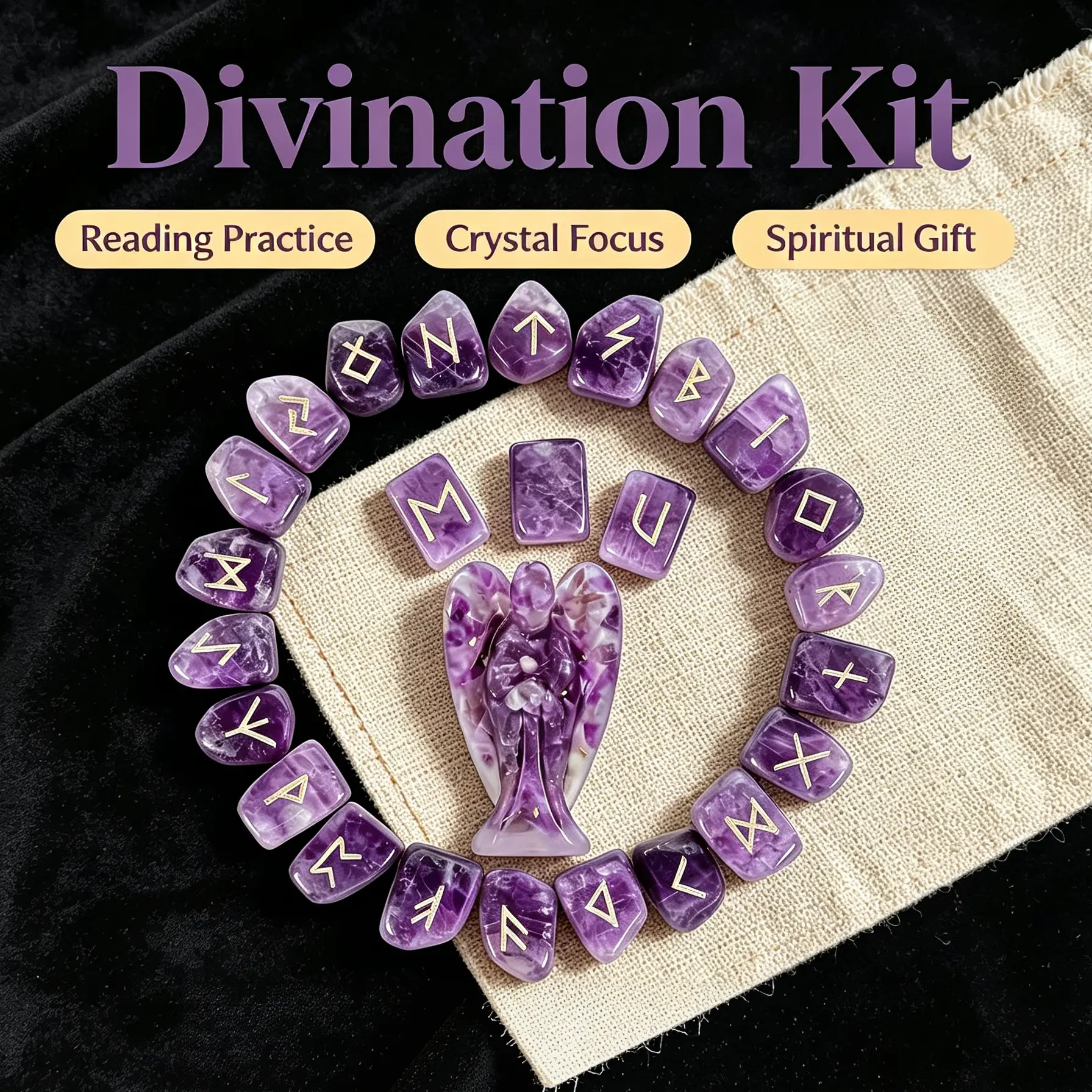 25pcs carved viking rune amethyst stone set with angel statue, mirror polished natural crystal runes kit, divination healing stone, home table decor souvenir gift for halloween, holiday gathering mini design