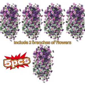 5pcs Hanging Tricolor Violet Artificial Flowers, Decorative Flowers, Anti UV Realistic Decor Ornaments, Ideal for Outdoor & Indoor Use, Perfect for Weddings & Seasonal Decor, Fake Flower Vines