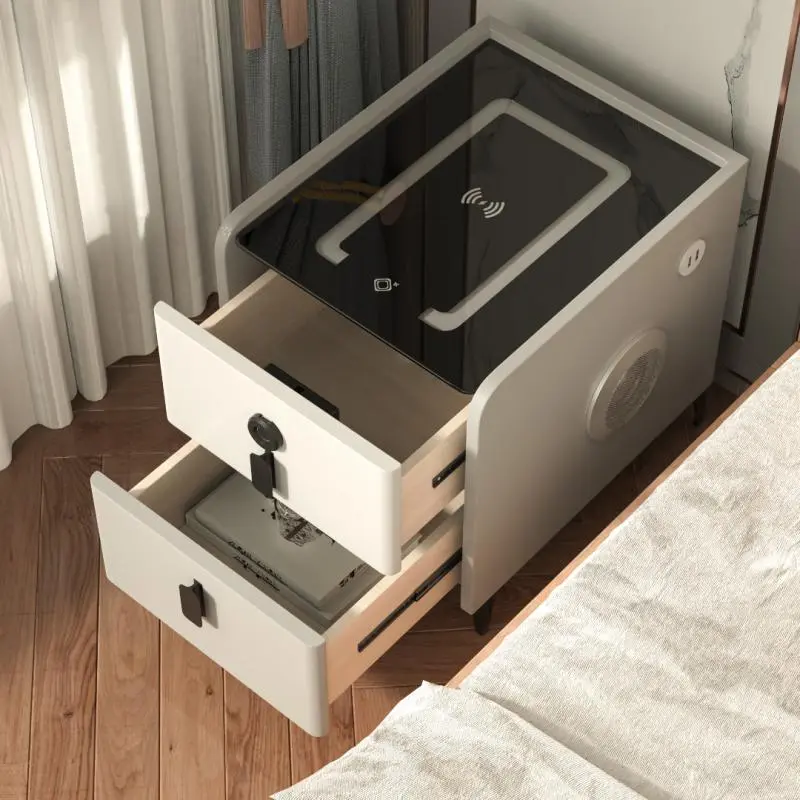 Modern Smart Furniture 14 Inches Nightstand with Wireless Charging Fingerprint Lock Bluetooth Speaker 3-Color Light Adjustable Solid Wood & Particleboard Frame 110V Plug Ready-to-Use
