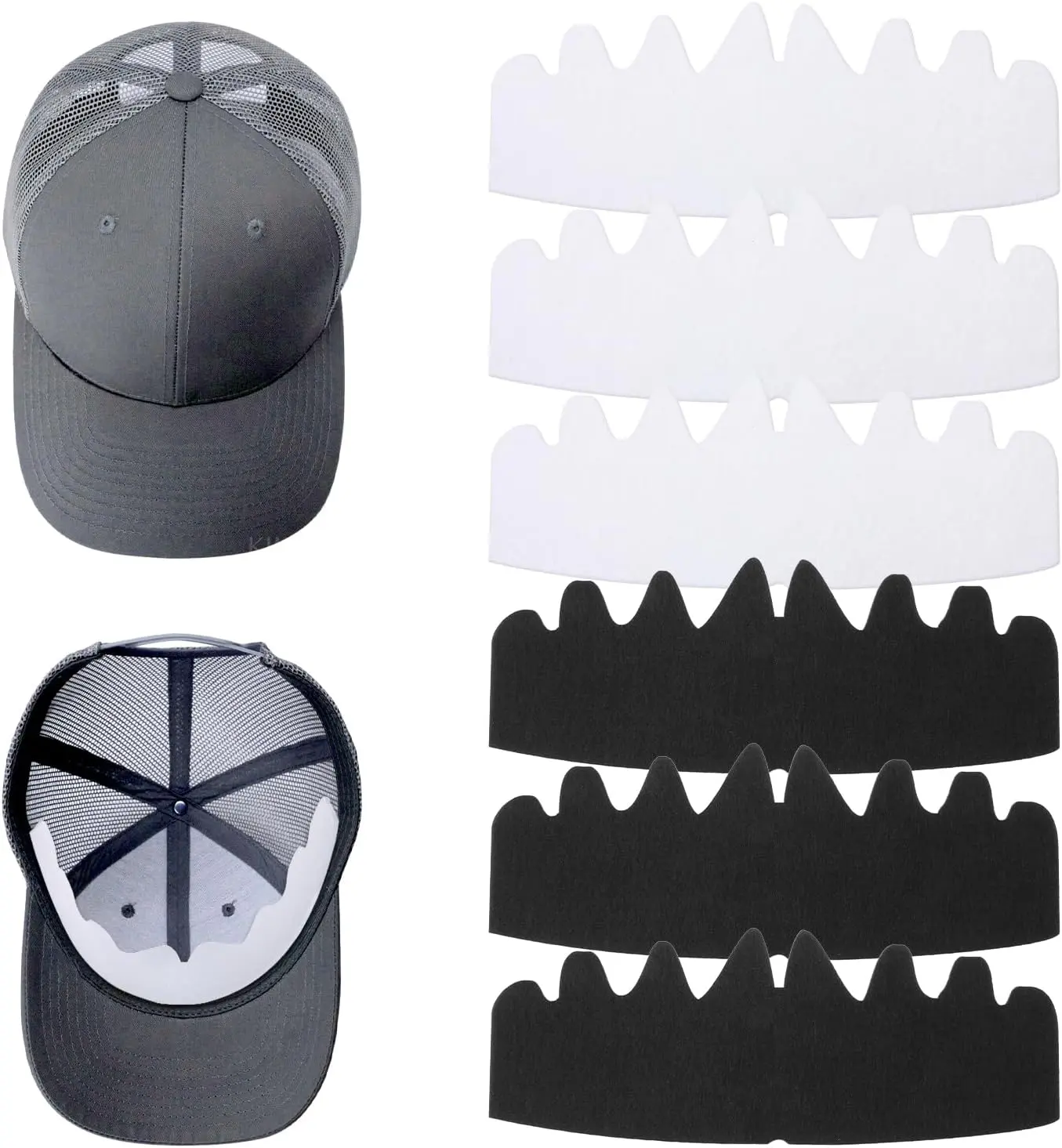 6 Pcs Black & White Baseball Cap Inserts, Felt Hat Shapers, Sweat Liners, Brim Shapers for Snapback & Fitted Caps, Adult Unisex, Small, 22-23 Inch Head