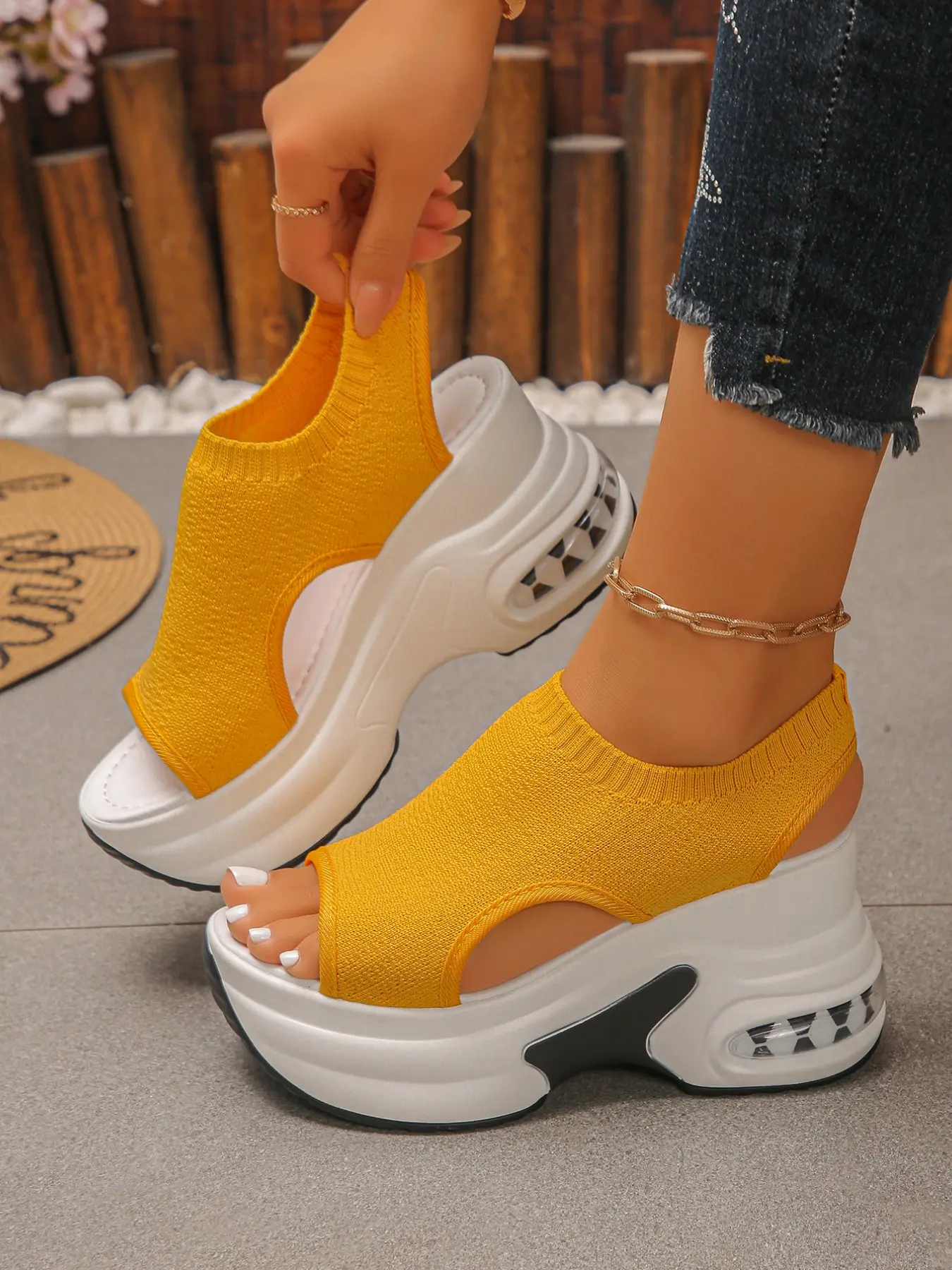 Women's Breathable Knit Wedge Sandals, Casual Summer Sandals, Open Toe Slip-On with Air Cushion Platform, Height-Boosting & Lightweight, Ideal for Casual Daily, Walking, Travel, All-Day Wear, Plus Size Friendly, Comfortable Thick Sole Shoes for Ladies