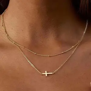 Gold Tone Layered Cross Necklace, Two-Piece Dainty Chain Set with Horizontal Cross Pendant, Minimalist Stacked Necklace for Everyday & Elegant Styling