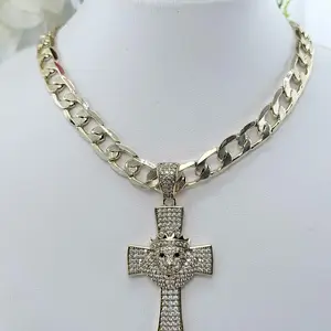 (119) 14K Gold Plated Lion on Cross Pendant with Rhinestone for Men with Cuban Chain