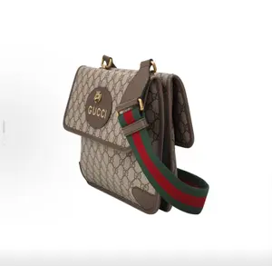 Pre-owned GUCCI GG Supreme Vintage Reversible Tiger Head Magnetic Buckle Crossbody Bag Large Size Canvas & Leather Trim Unisex Couple Bag Ebony Brown