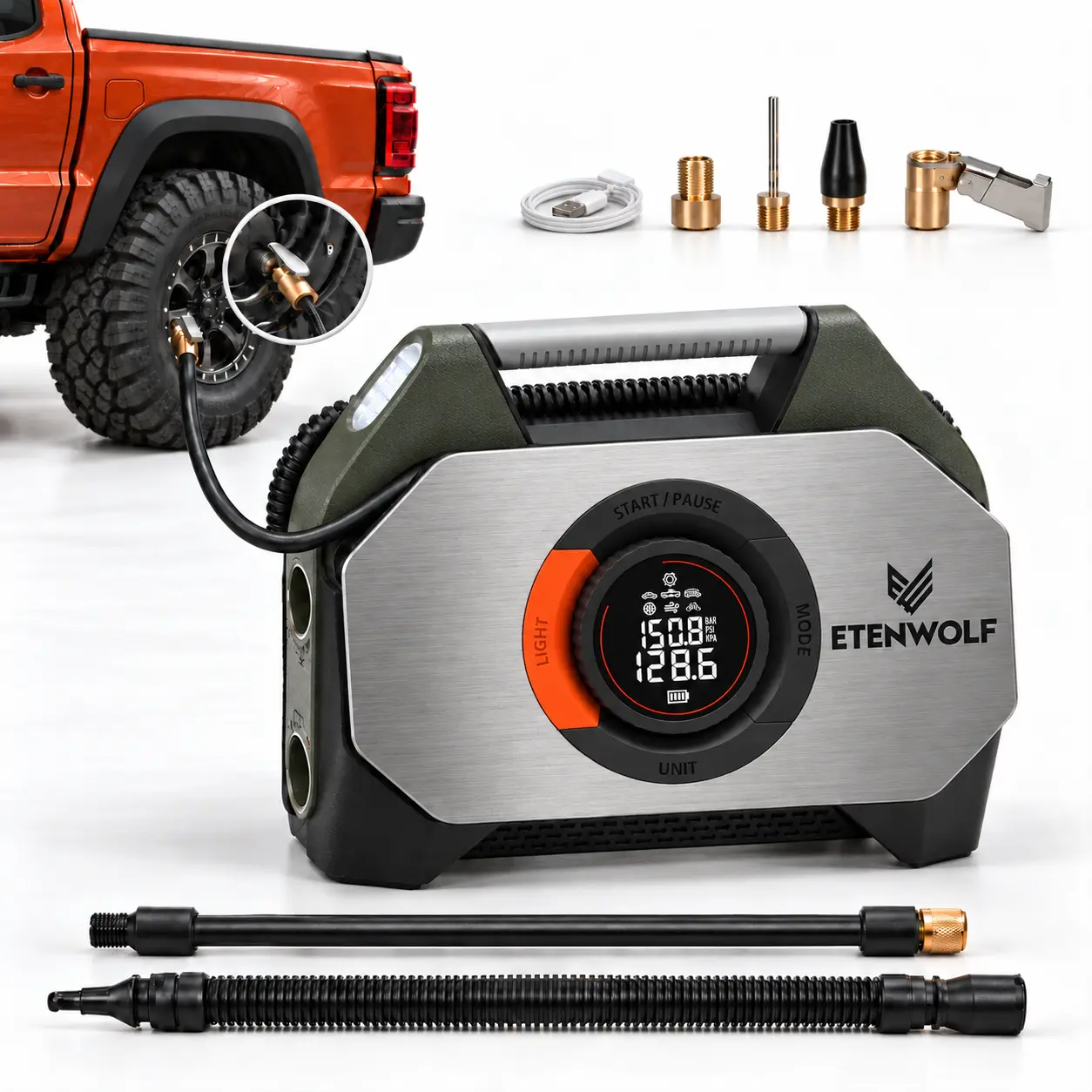 ETENWOLF Vortex S7 Heavy Duty Tire Inflation Tool, 160 PSI Cordless Wireless Outdoor Inflator with 260W Dual Motor, 38400mAh Battery, Auto Stop Pressure Control for Pickup, SUV, Off-Road Tires