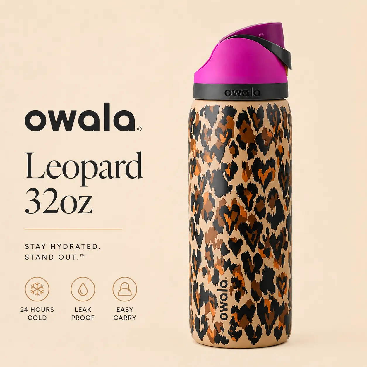 Owala LEOPARD Limited Edition FreeSip 32oz Water Bottle, Leakproof Insulated Stainless Steel Tumbler Tiktok Viral